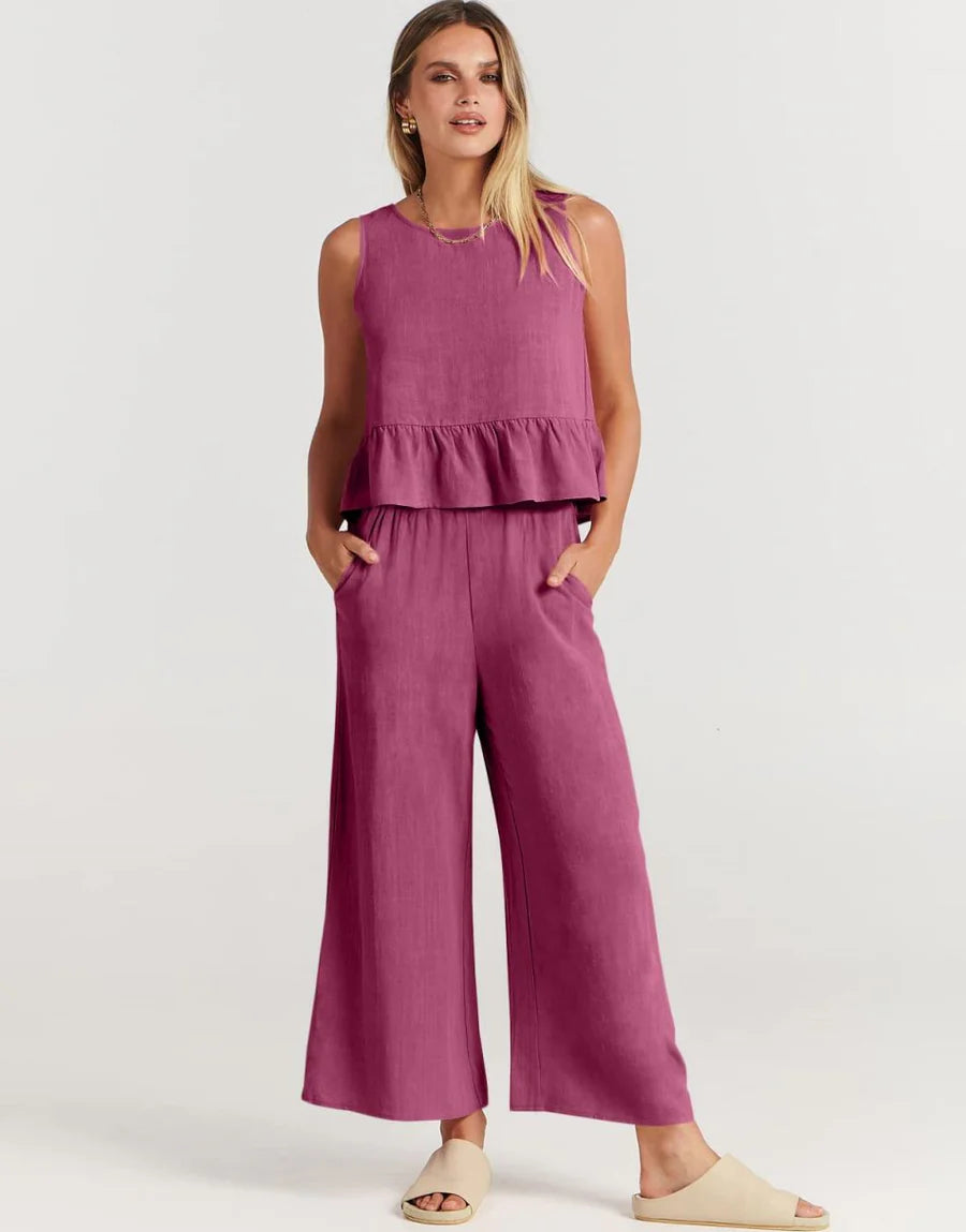 RUFFLE CROP TOP & WIDE LEG PANTS SET